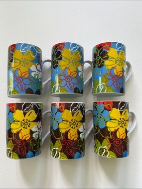 Six Vintage Colorful Porcelain Floral Ceramic Mug Set by Konitz